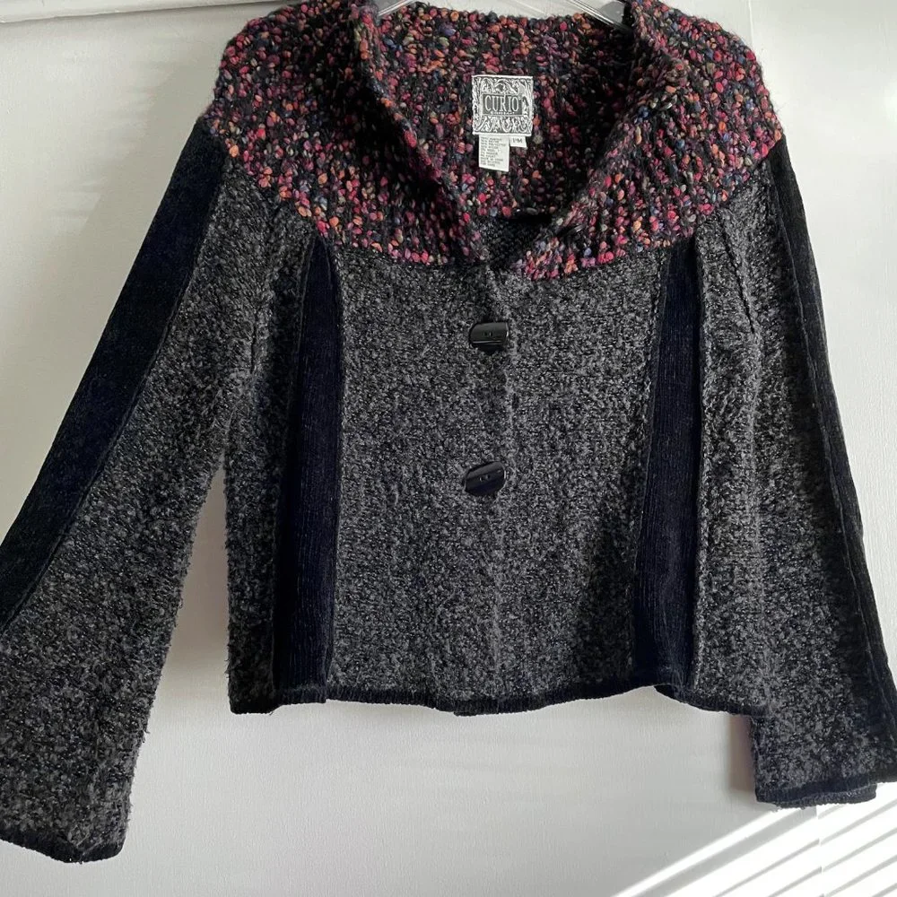 Curio Bell Sleeve Button Cardigan Sweater Boucle Collar Jacket MP Gray Black
